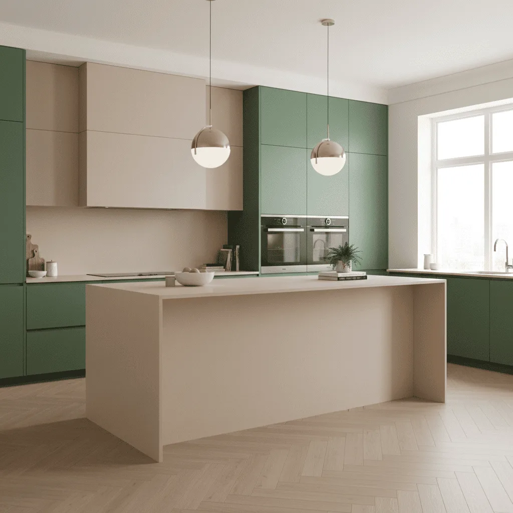 Modern kitchen with sage green and beige cabinetry, a large beige island, and two globe pendant lights.