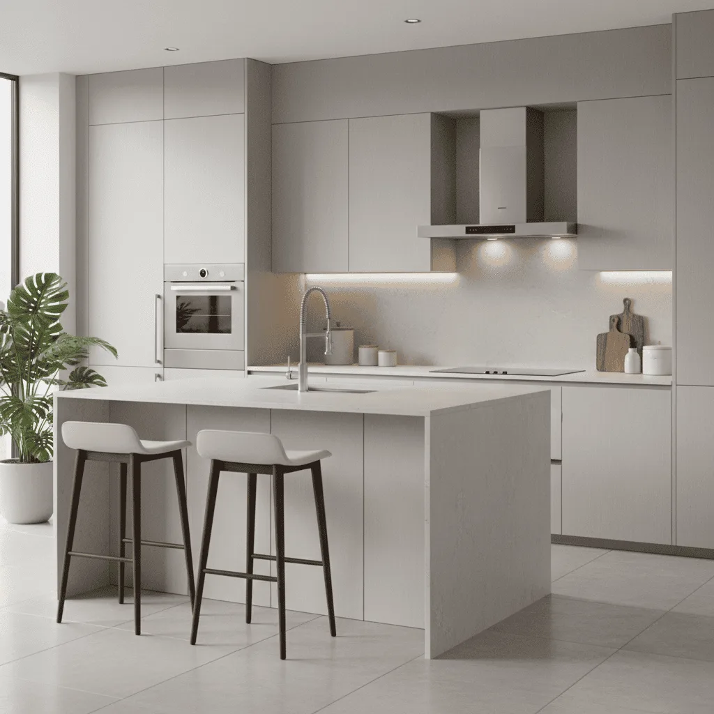 Modern minimalist kitchen with grey cabinetry, a white island, and two white bar stools.