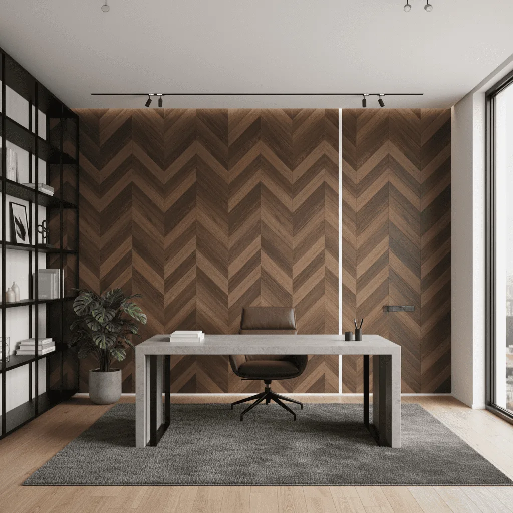 Modern home office with a gray concrete desk, brown leather chair, and a chevron wood-paneled wall.