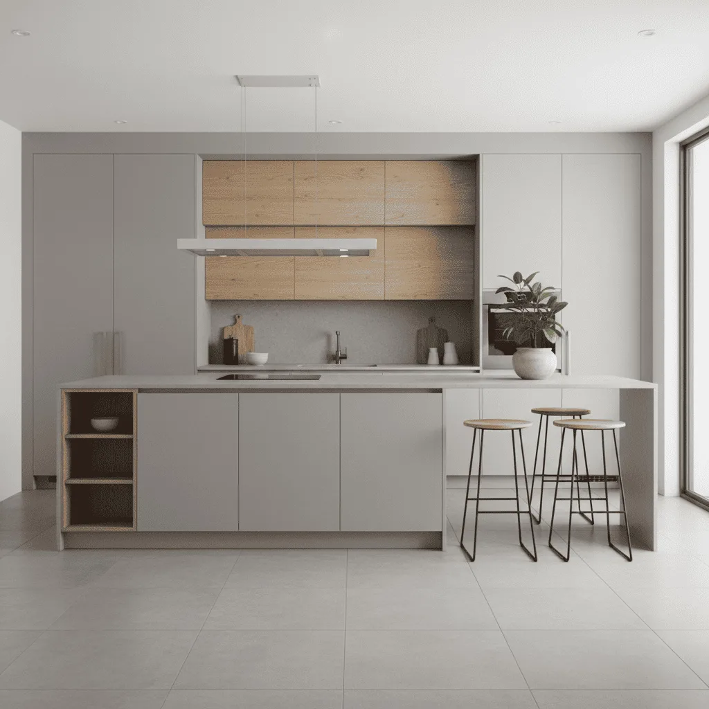 Modern minimalist kitchen with a grey island, wood accents, and three bar stools.