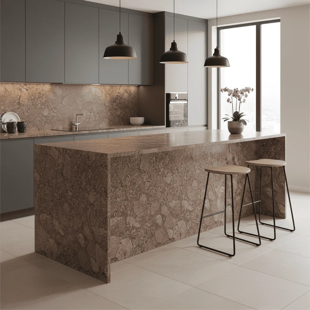 Modern kitchen with a large brown marble island and two minimalist bar stools.
