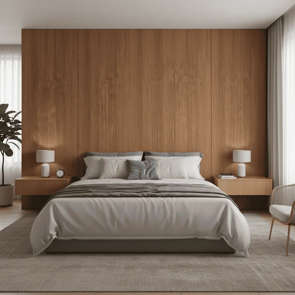 Modern bedroom with a white bed, wooden wall paneling, and matching floating nightstands.