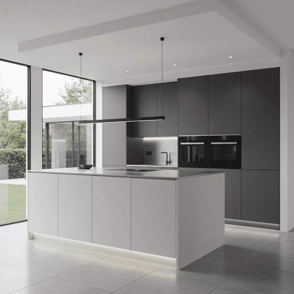 Modern minimalist kitchen with a white central island and dark grey cabinetry.
