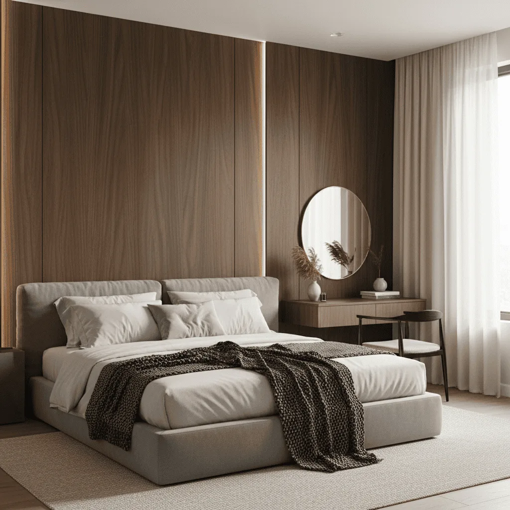 Modern bedroom with a beige upholstered bed, brown wood paneled wall, and a round mirror above a wooden desk.