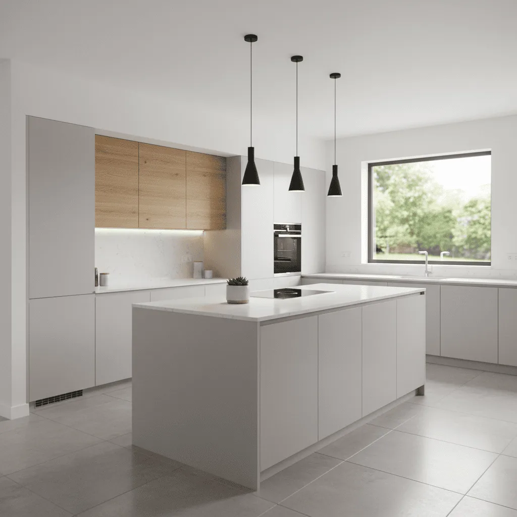 Modern minimalist kitchen with white cabinetry, a large center island, and three black pendant lights.