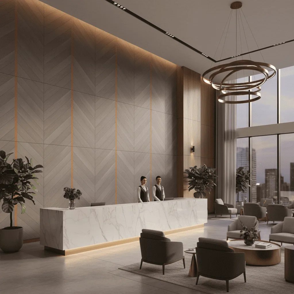 Modern hotel lobby with a white marble reception desk and two staff members standing behind it.