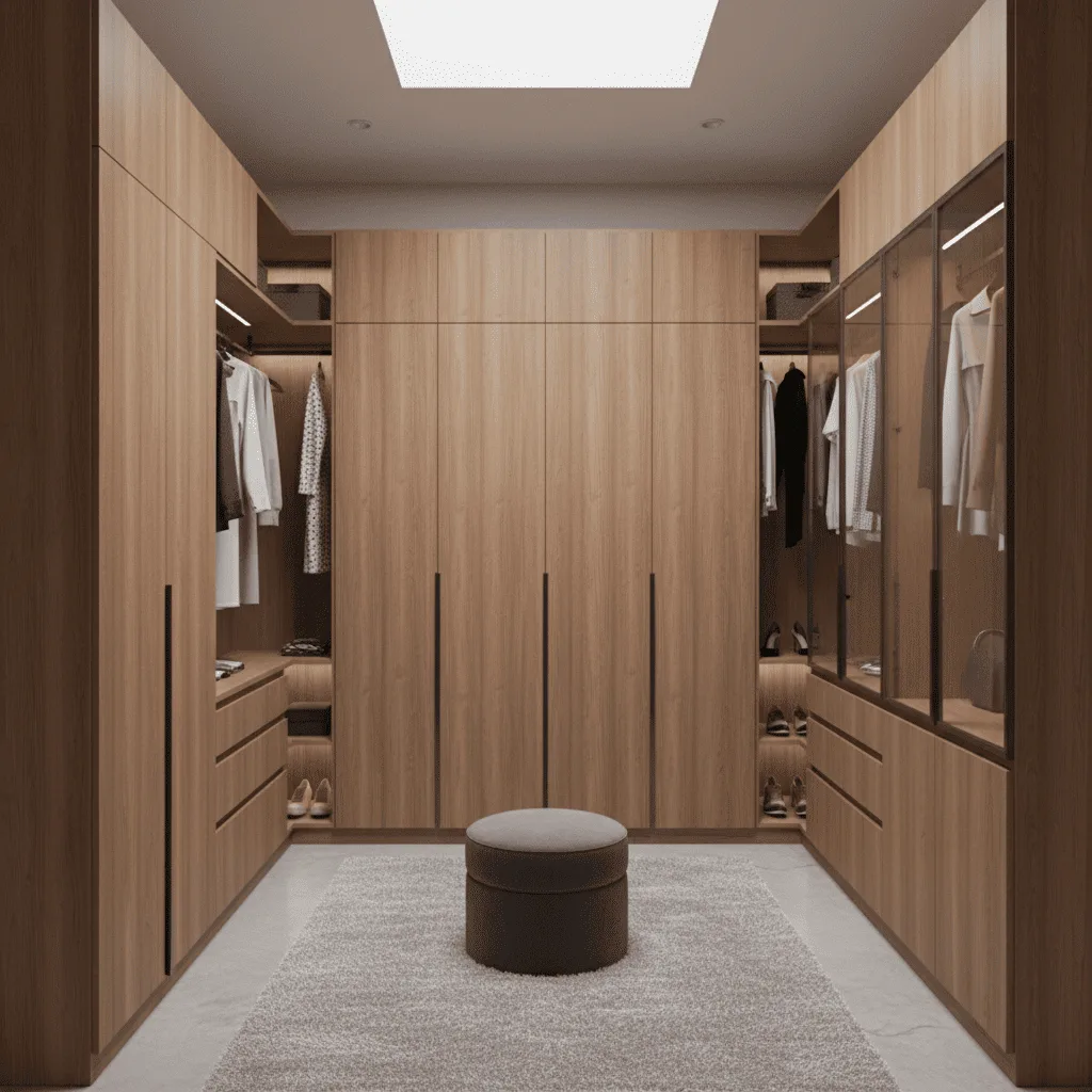 Modern walk-in closet with light wood cabinetry, glass-fronted wardrobes, and a round ottoman on a grey rug.
