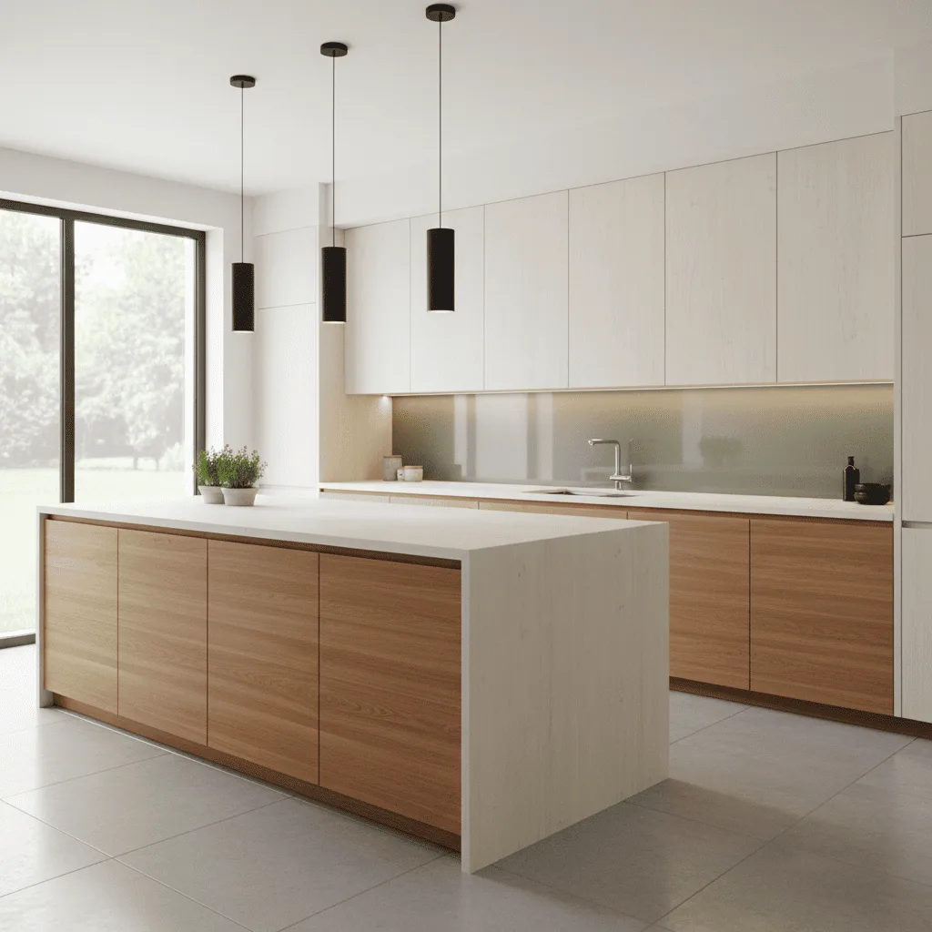 Modern kitchen with wood-grain lower cabinets, white upper cabinets, and three black pendant lights.