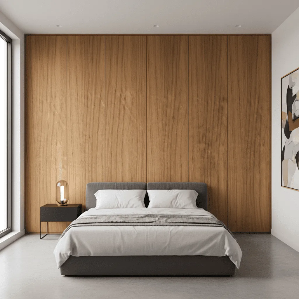 Modern bedroom with a gray upholstered bed, white linens, and a full-wall wood paneling backdrop.