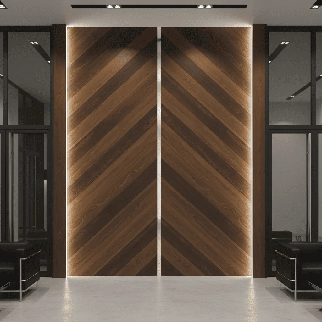 Wooden wall panel with a chevron pattern and backlit edges in a modern interior.