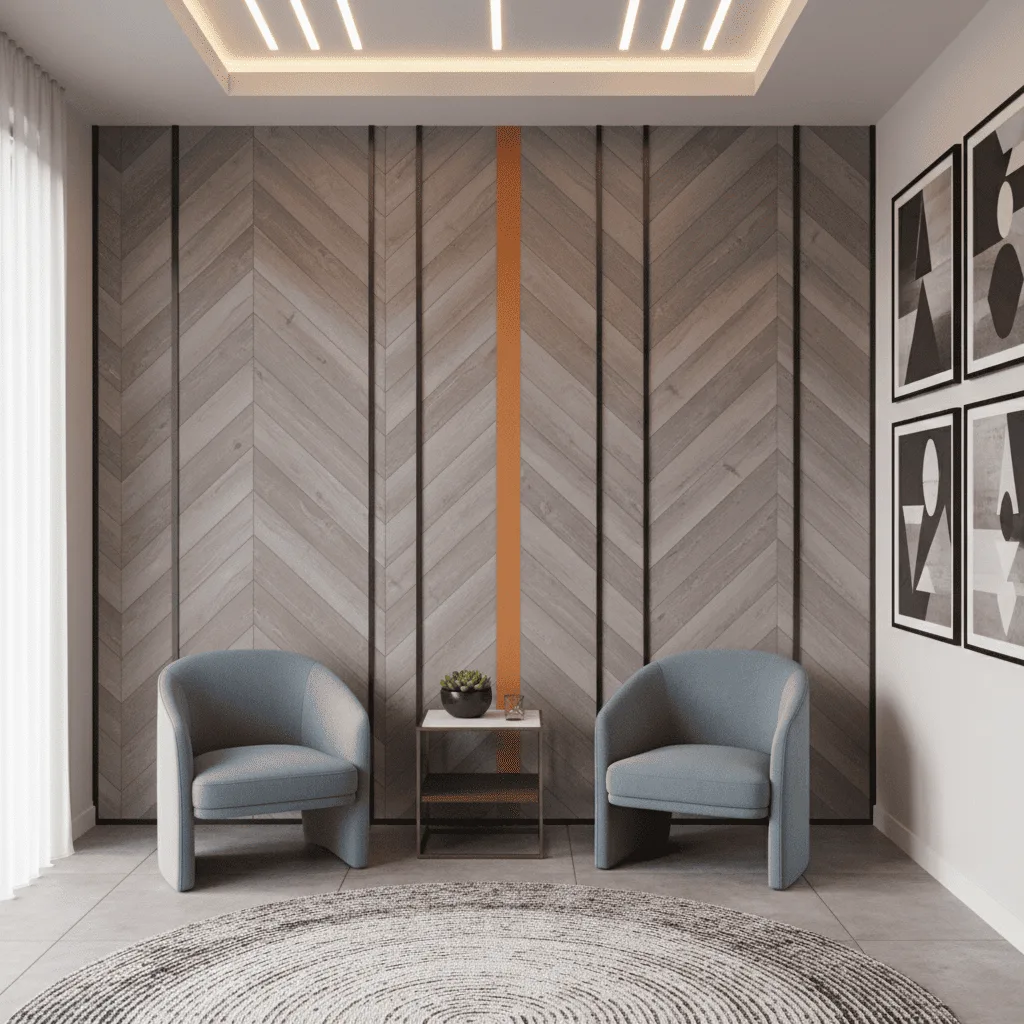 Two light blue armchairs flanking a small white side table against a chevron-patterned wood wall.