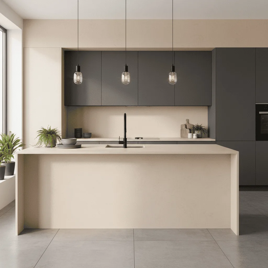 Modern kitchen with a beige island, dark gray cabinets, and three glass pendant lights.