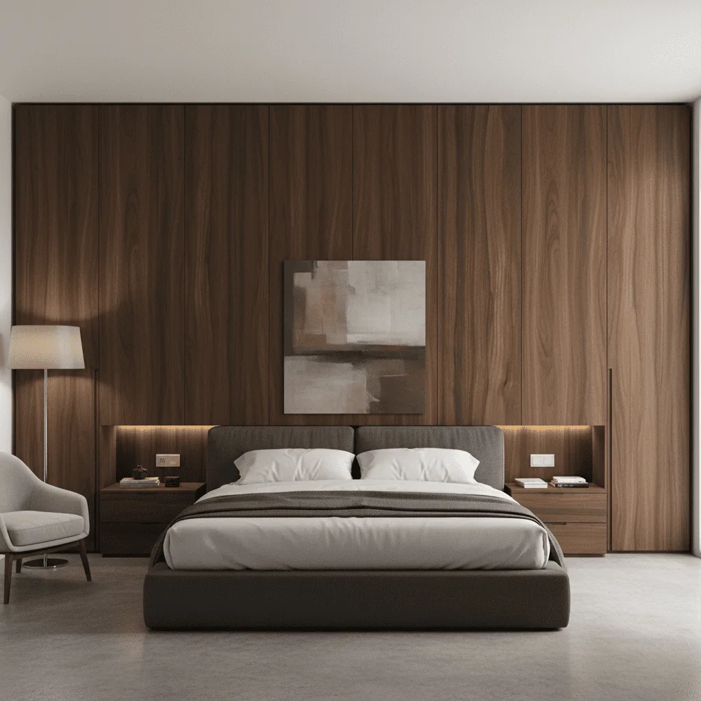 Modern bedroom with a dark wood paneled wall, grey upholstered bed, and minimalist furniture.