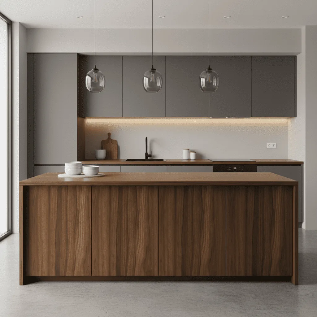 Modern kitchen with a large wooden island, grey cabinets, and three glass globe pendant lights.