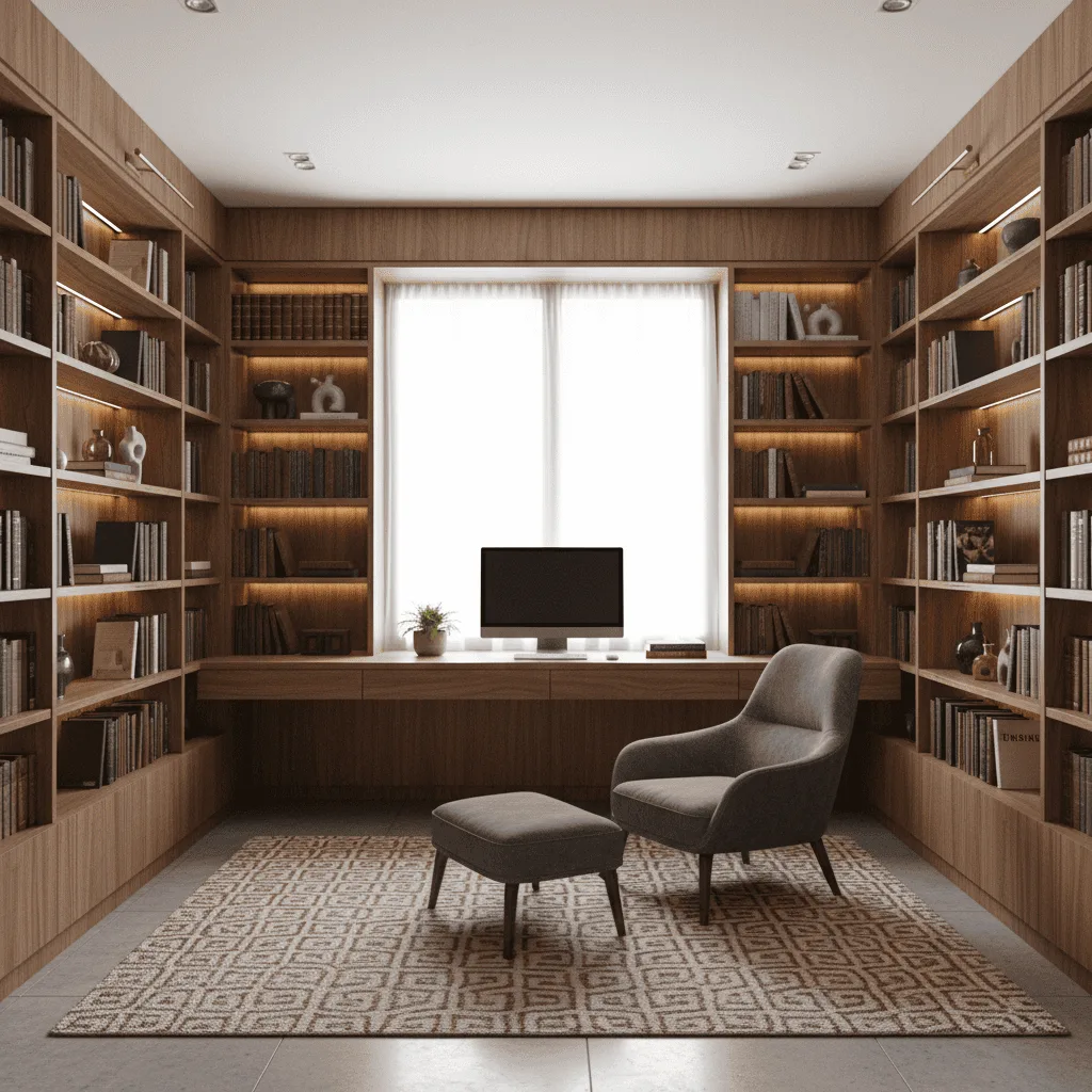 Modern home office with floor-to-ceiling wooden bookshelves, a computer monitor, and a grey armchair with ottoman.