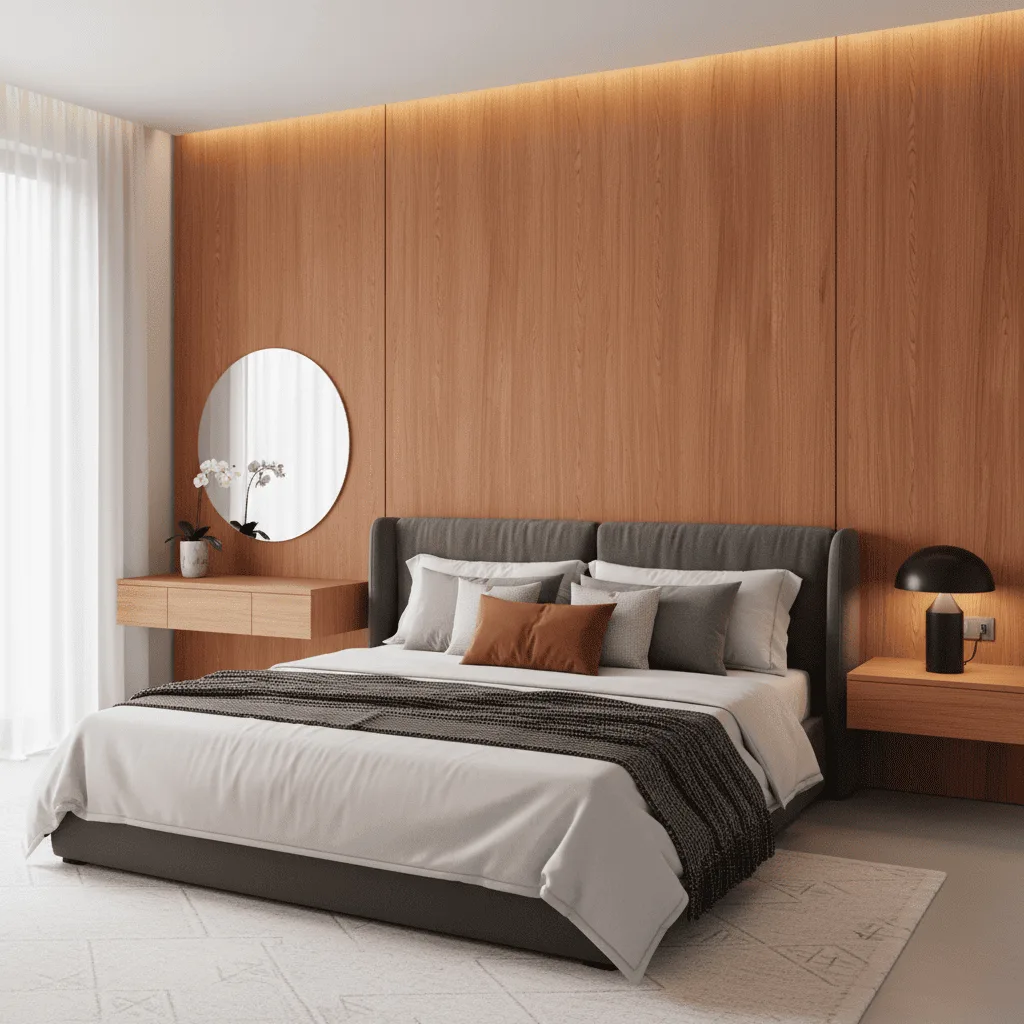 Modern bedroom with a grey upholstered bed, wooden wall panels, and a circular mirror.
