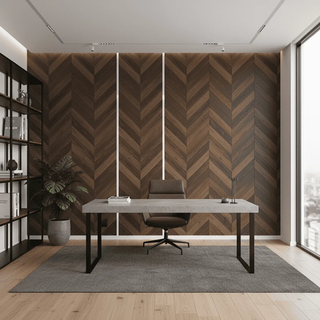 Modern office with concrete desk, grey chair, and a dark wood chevron pattern wall.