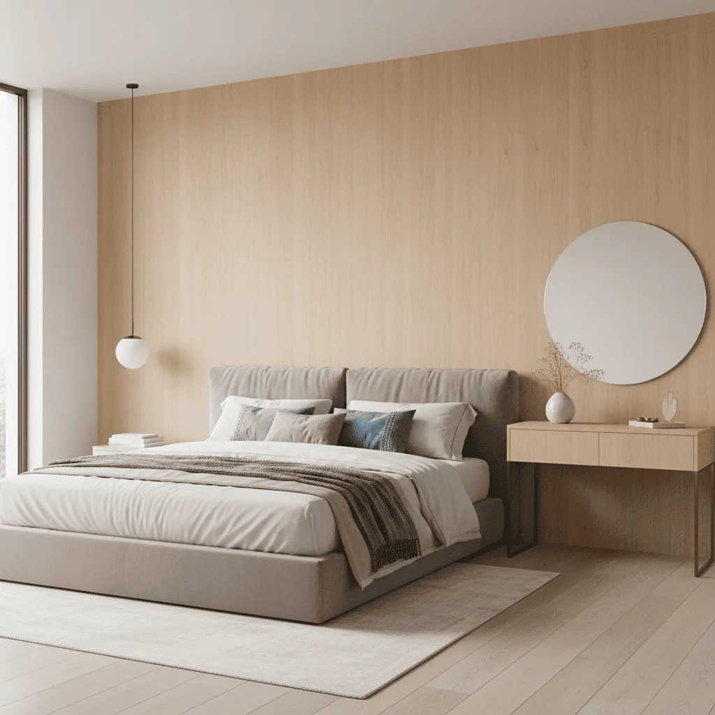 Minimalist bedroom with a beige upholstered bed, light wood wall panels, and a round mirror over a side table.