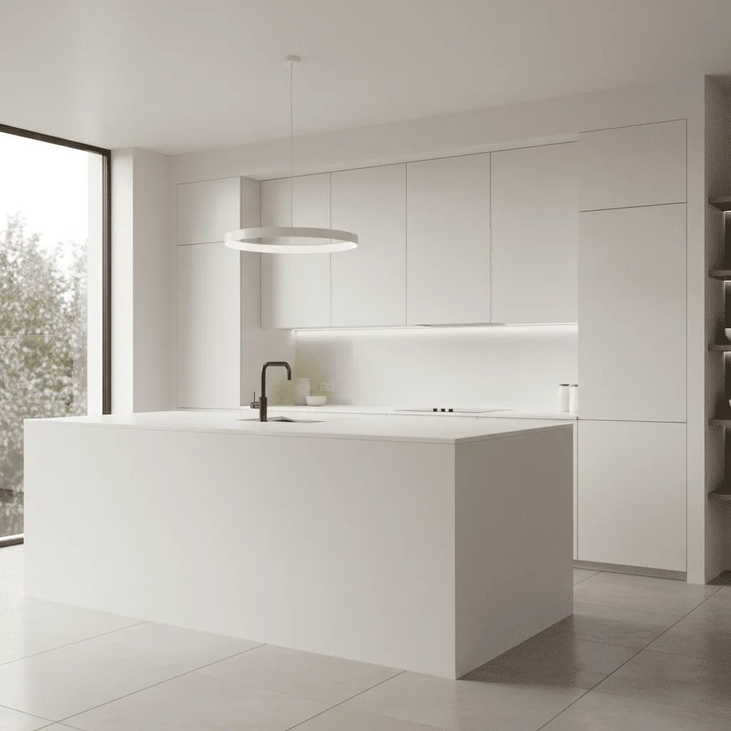 Modern white minimalist kitchen with a large island, black faucet, and ring-shaped pendant light.