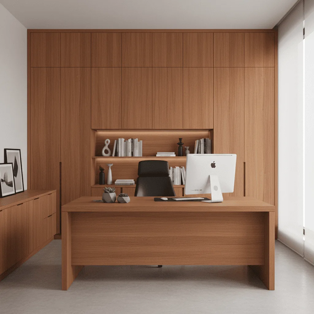 Modern wooden desk with an iMac, black office chair, and built-in wooden wall cabinetry.