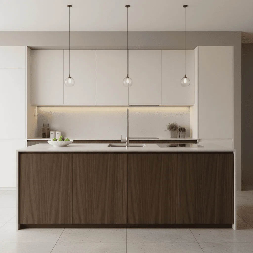 Modern kitchen with a dark wood island, white upper cabinets, and three glass pendant lights.