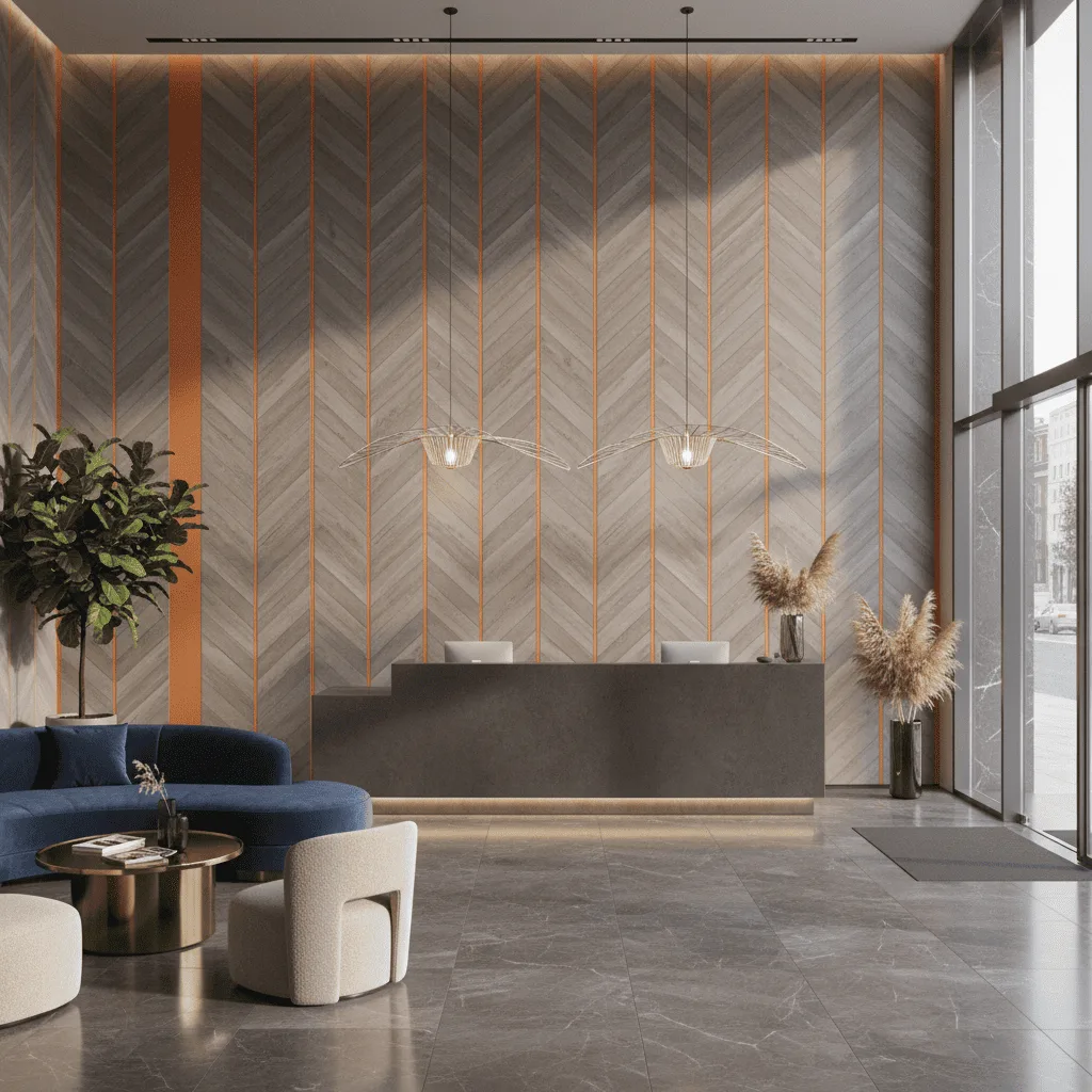 Modern office lobby with a grey reception desk, blue velvet sofa, and wood chevron wall.