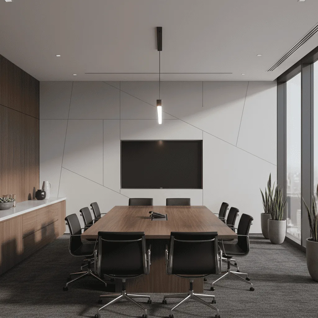 Modern conference room with a large wooden table, black leather chairs, and a wall-mounted screen.