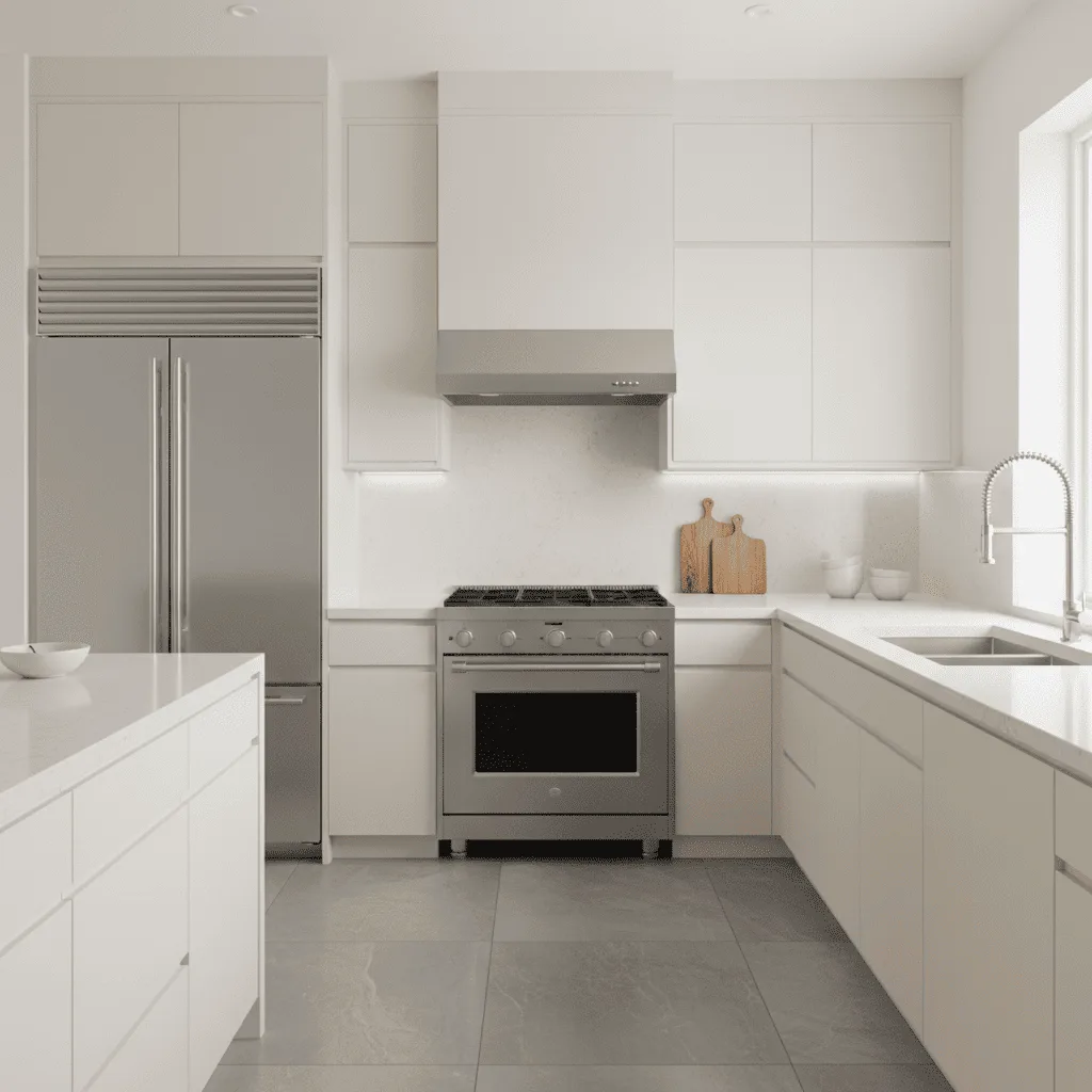 Modern white kitchen with stainless steel appliances and grey tiled floors.