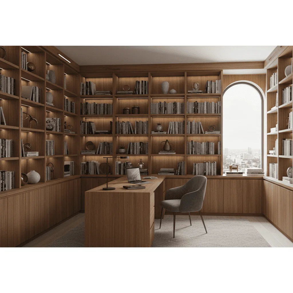 Modern wooden home office with floor-to-ceiling bookshelves, a wooden desk with a laptop, and a grey chair.