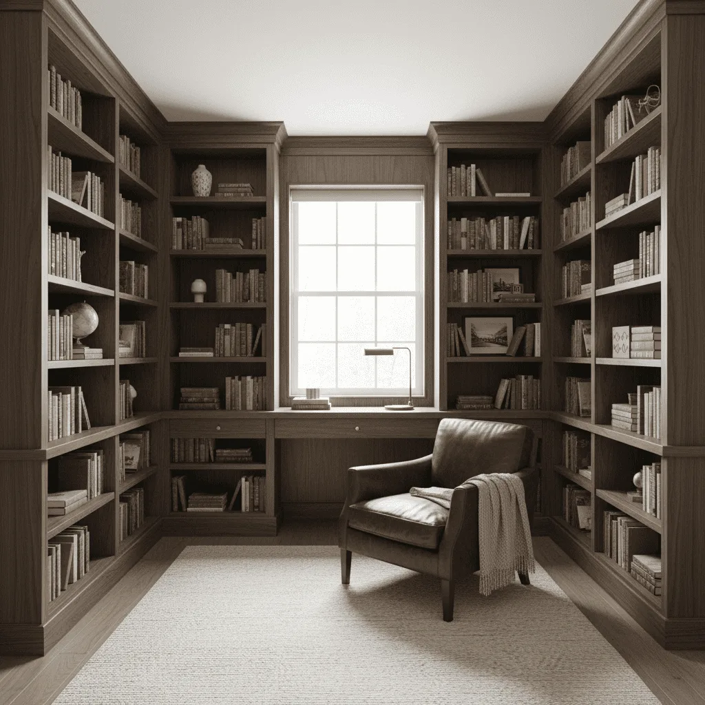 A home library with floor-to-ceiling wooden bookshelves, a leather armchair with a throw blanket, and a desk by a window.