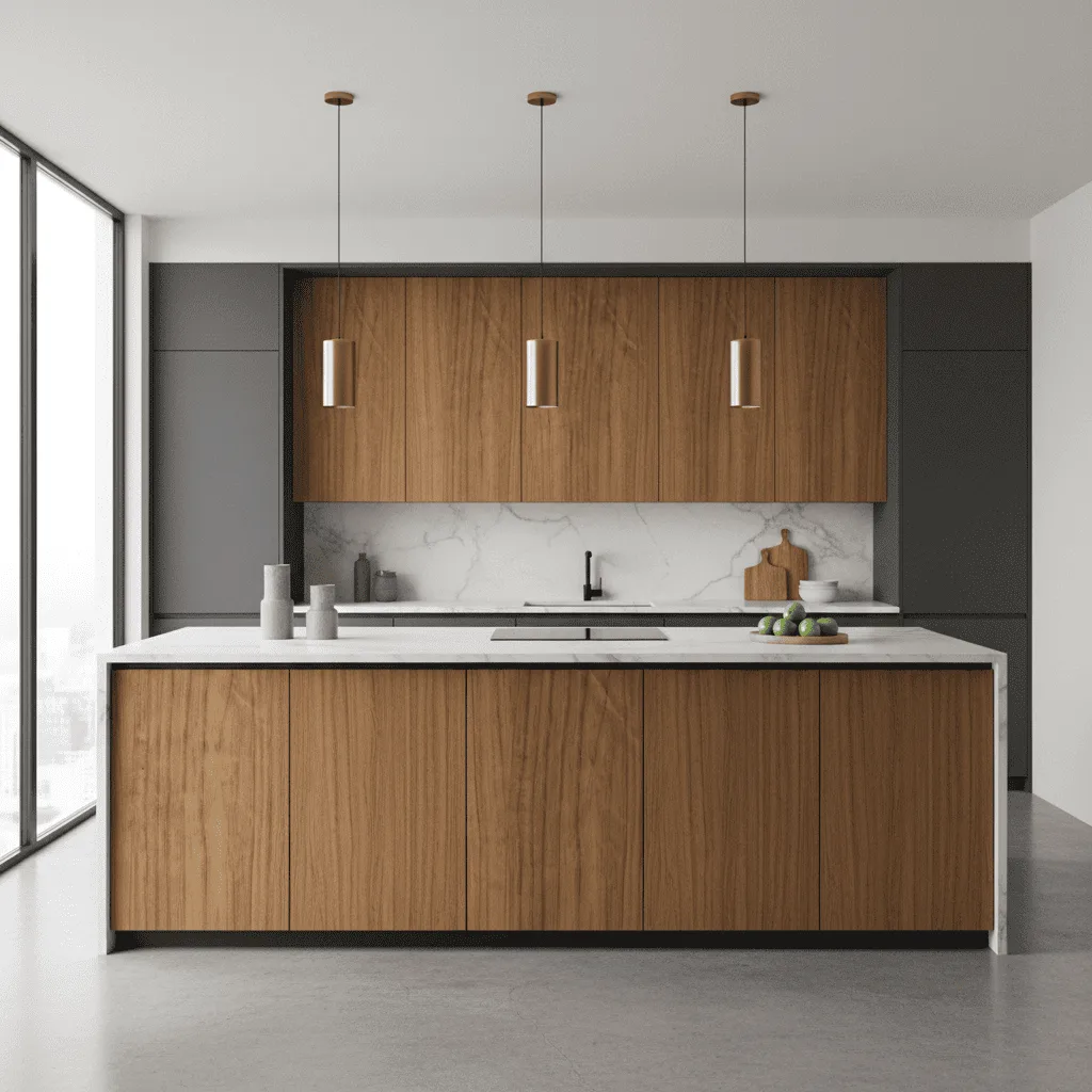Modern kitchen with wood cabinets, a marble island, and three cylindrical pendant lights.