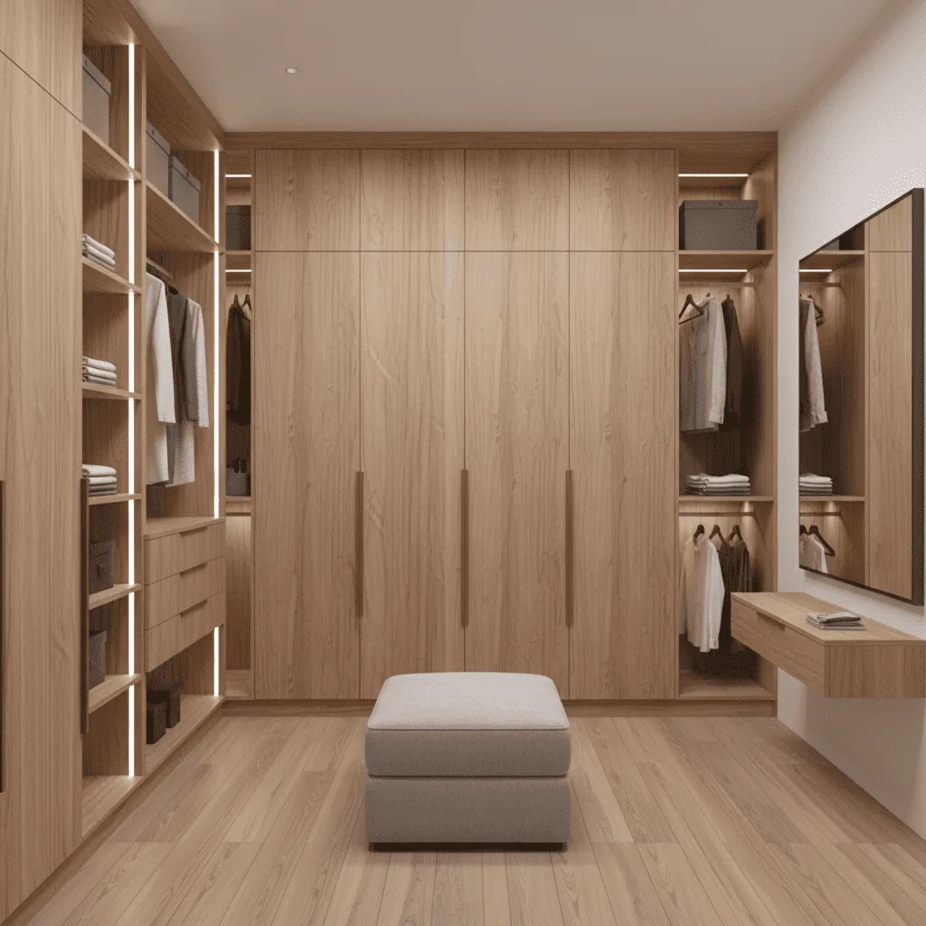 Modern light wood walk-in closet with integrated lighting, open shelving, and a grey ottoman.