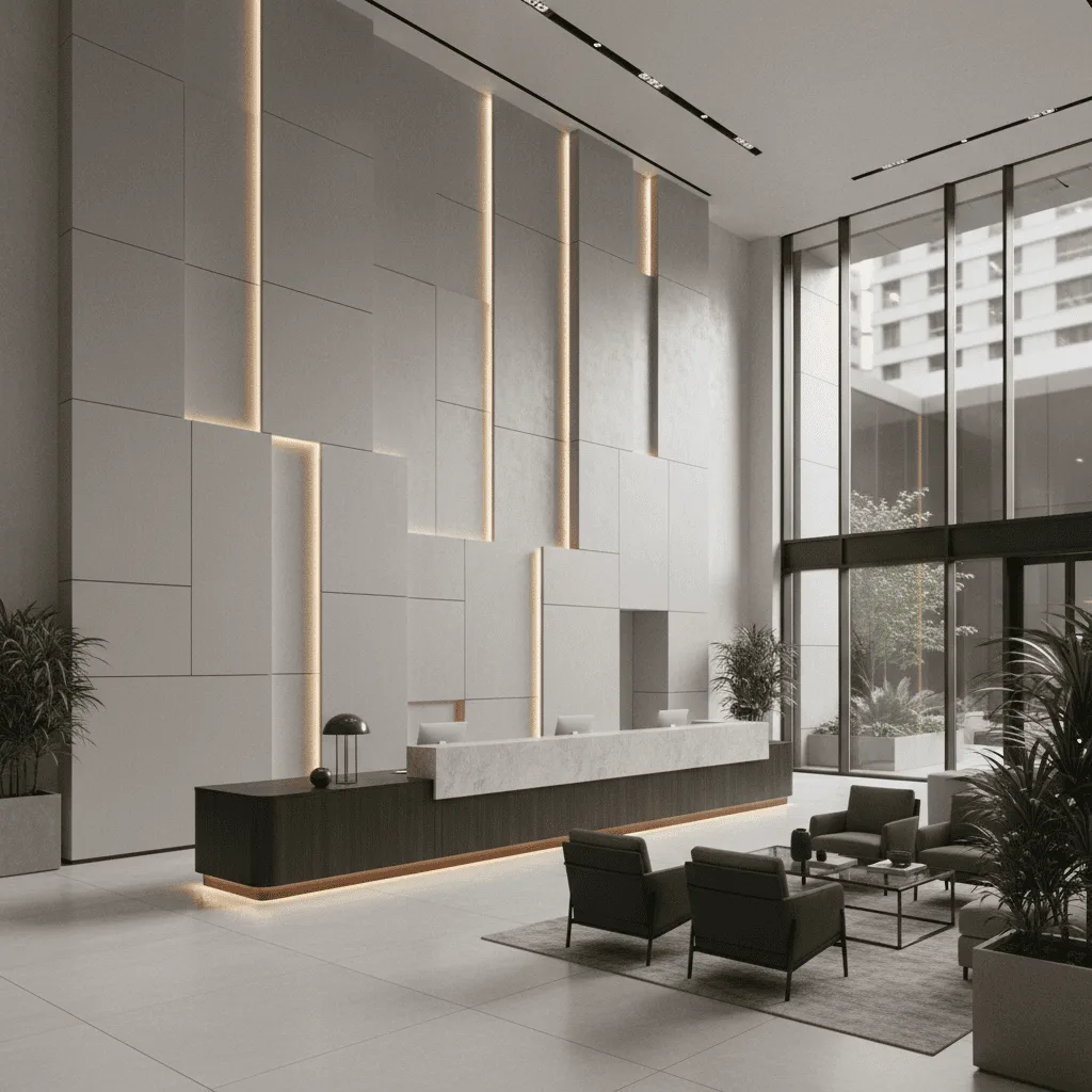 Modern office lobby with a geometric feature wall, reception desk, and seating area.