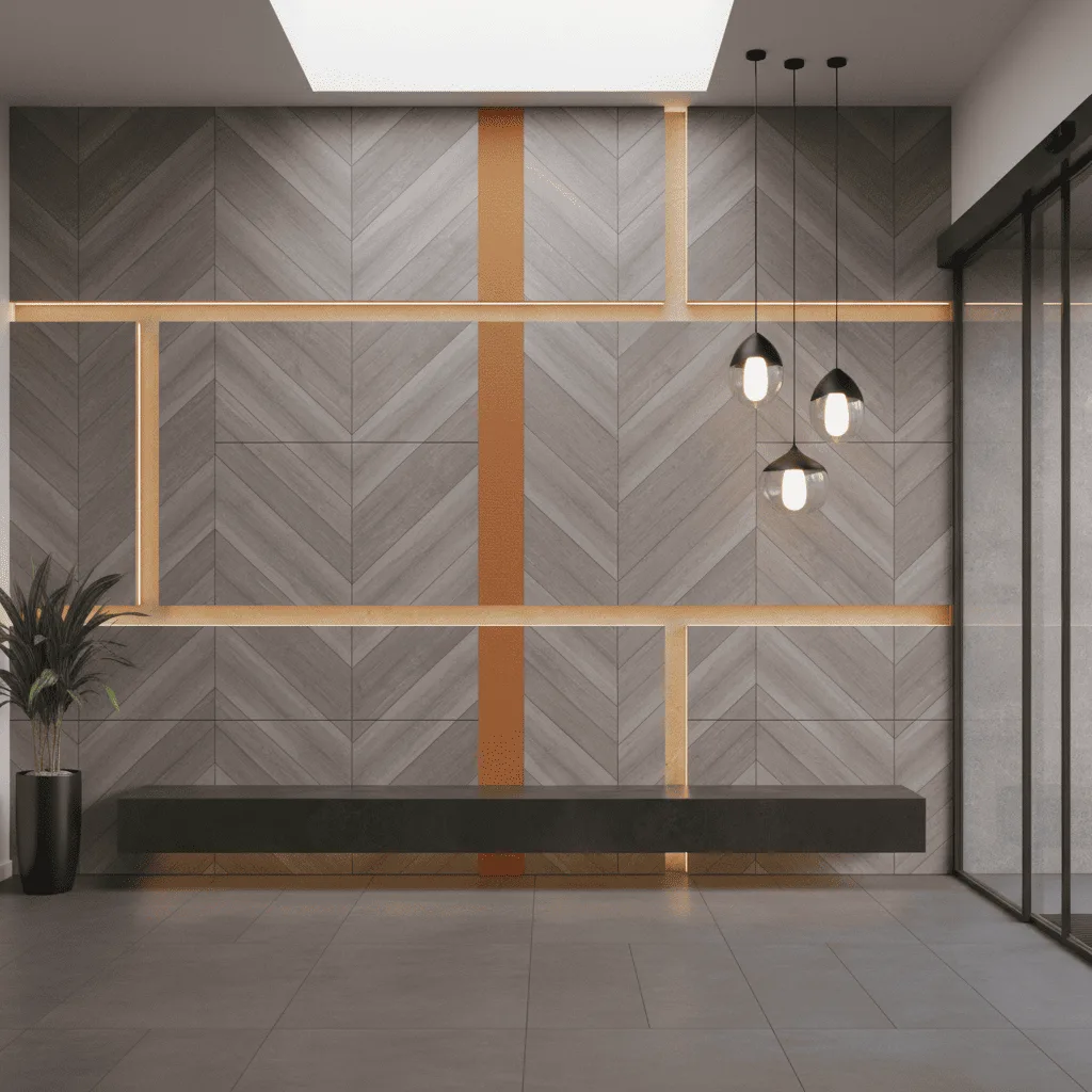 Modern interior with grey chevron-patterned wall, gold accent strips, and three hanging glass pendant lights.