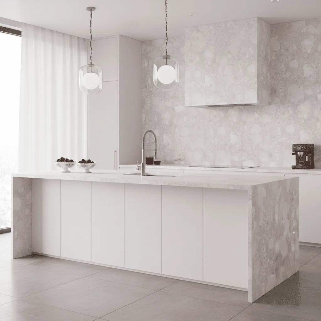 Modern white kitchen with a marble island, two globe pendant lights, and white cabinetry.