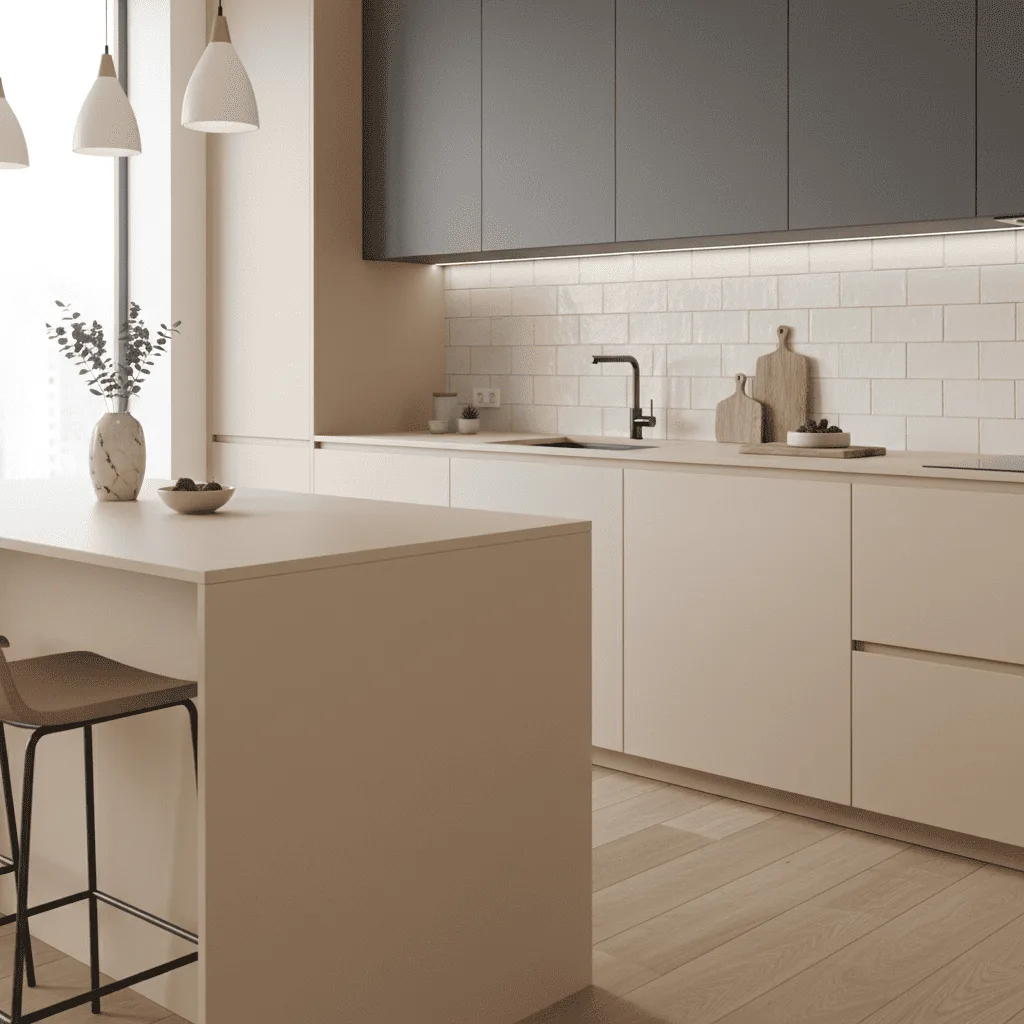 Modern minimalist kitchen with beige cabinets, a large island, and grey upper cabinets.