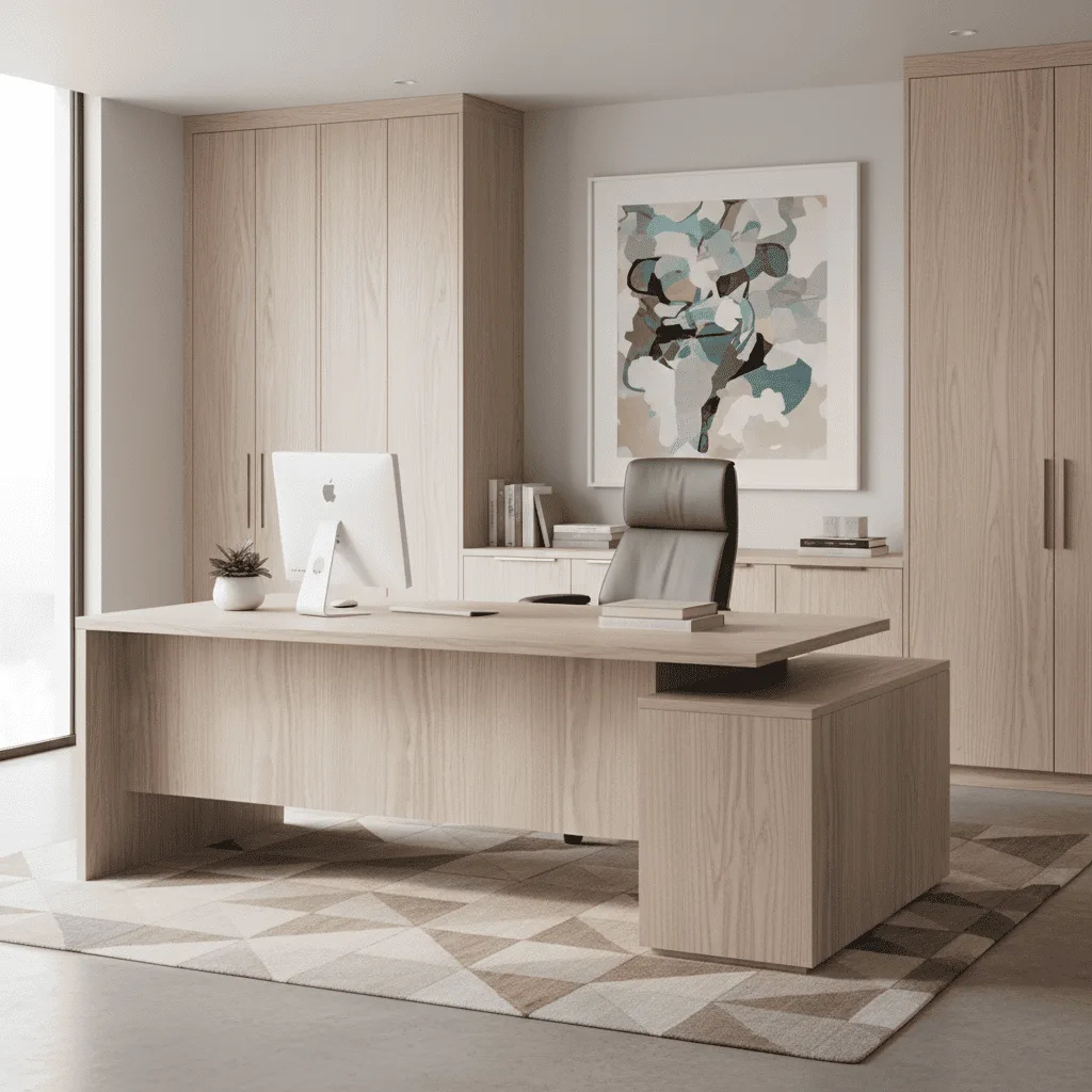 Modern light wood desk with a white computer, black chair, and geometric rug in a minimalist office.