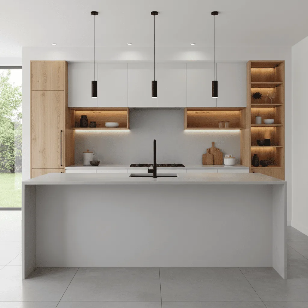 Modern minimalist kitchen with a white island, light wood cabinetry, and black pendant lights.