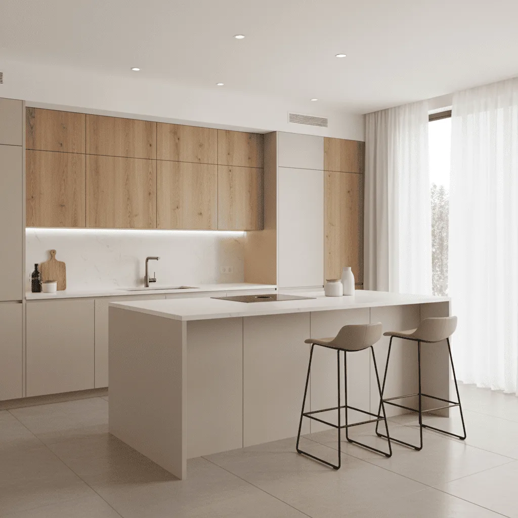 Modern kitchen with light wood upper cabinets, white countertops, and a large island with two bar stools.