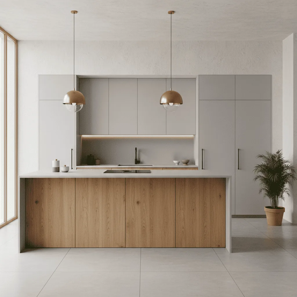 Modern minimalist kitchen with a wood-paneled island, white cabinetry, and two gold pendant lights.