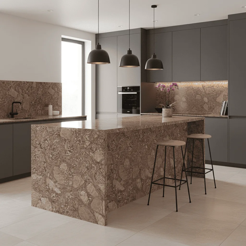 Modern kitchen with a brown marble island, gray cabinetry, and three black pendant lights.