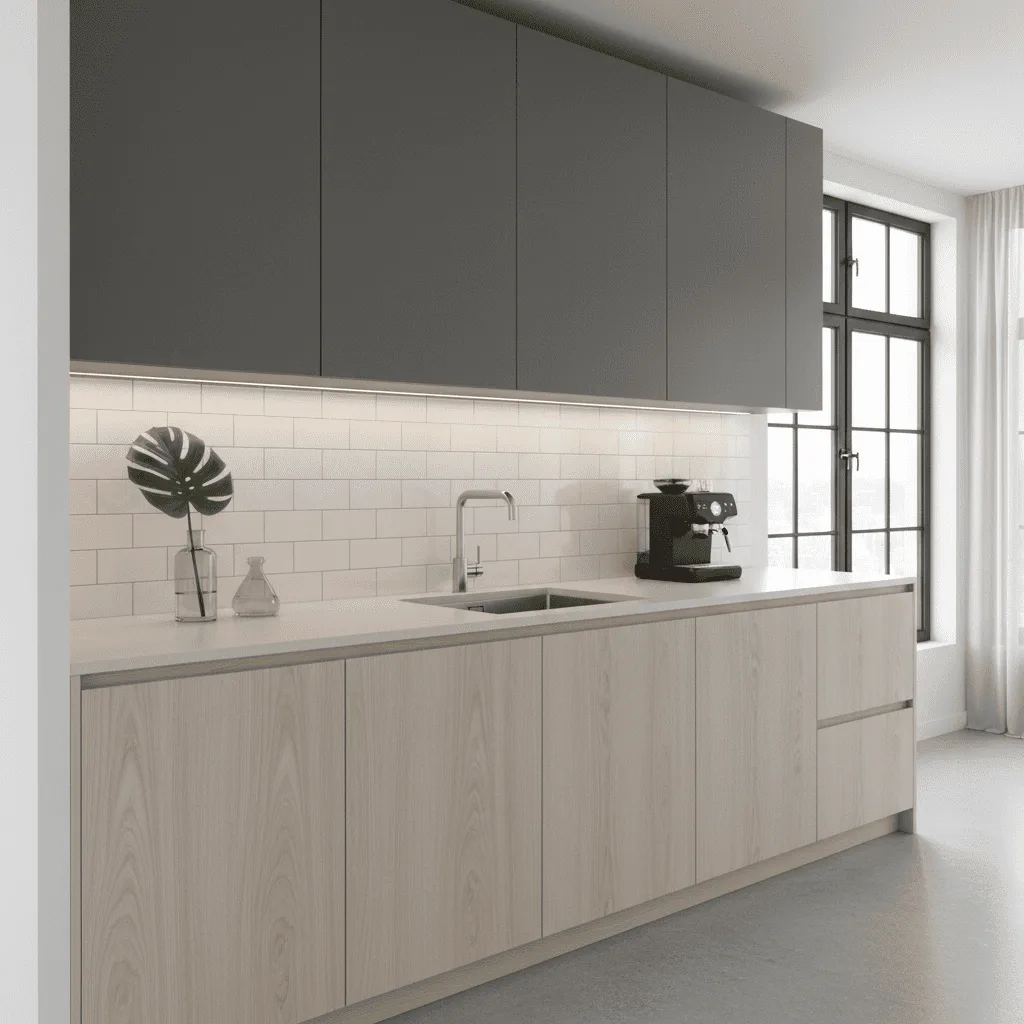 Modern kitchen with gray upper cabinets, light wood lower cabinets, and a white subway tile backsplash.