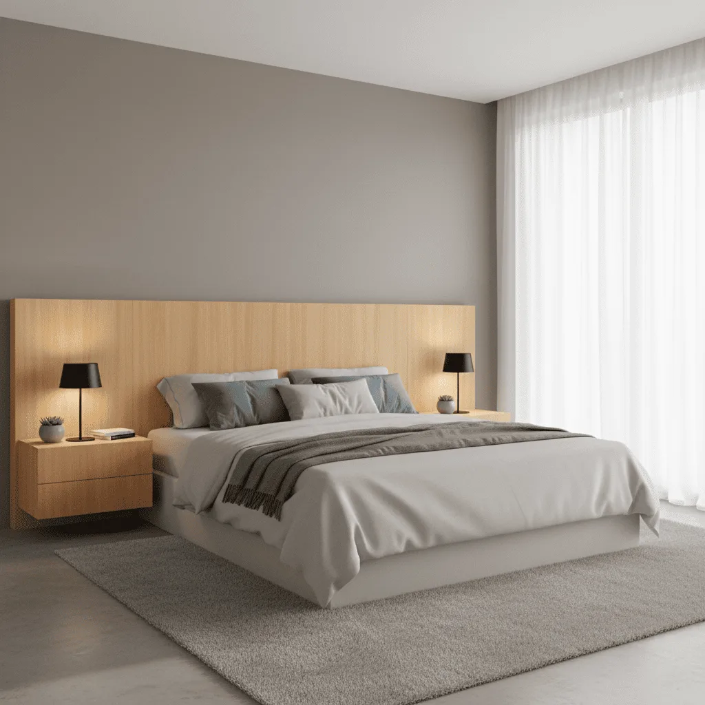 Modern bedroom with a white bed, wood headboard, and two black bedside lamps.