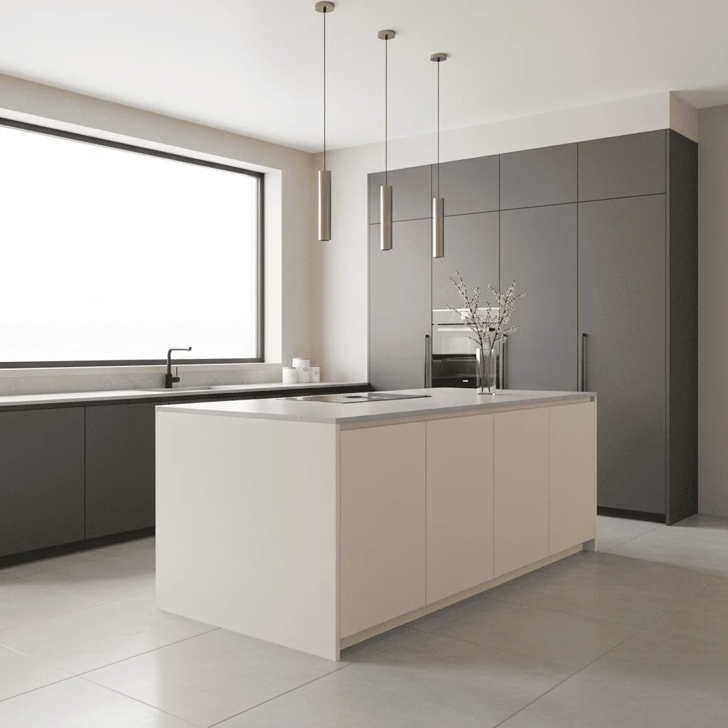 Modern minimalist kitchen with a white central island, grey cabinetry, and three slender pendant lights.