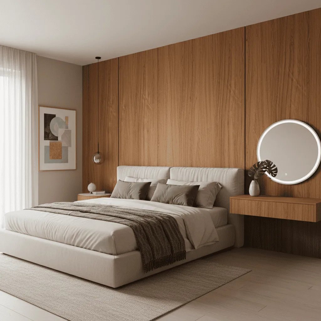 Modern bedroom with a beige upholstered bed, wood paneled wall, and a backlit round mirror.