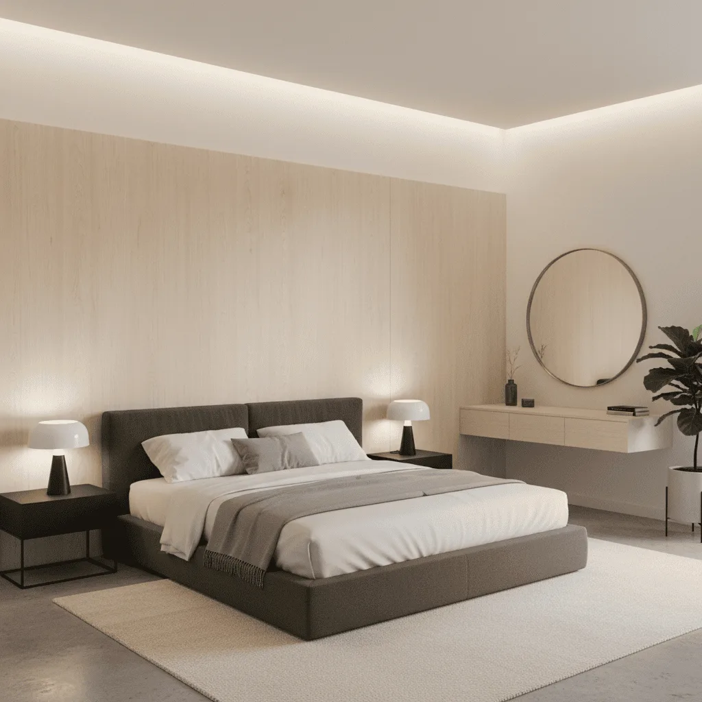 Modern bedroom with a gray upholstered bed, white linens, and soft cove lighting along the ceiling.
