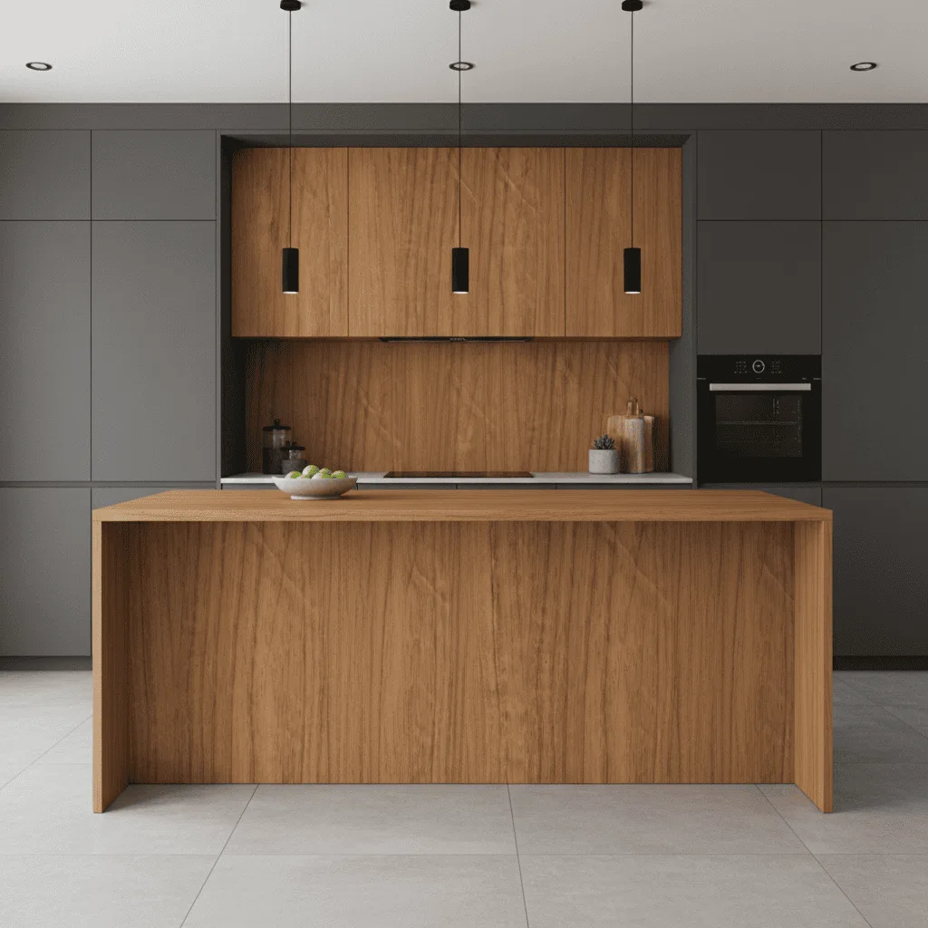 Modern kitchen with wood-grain island, matching upper cabinets, and dark grey surrounding walls.