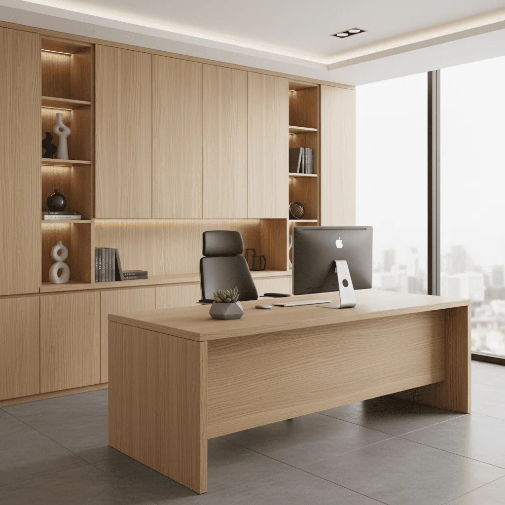 Modern light wood desk with a computer, black chair, and built-in wall cabinets.