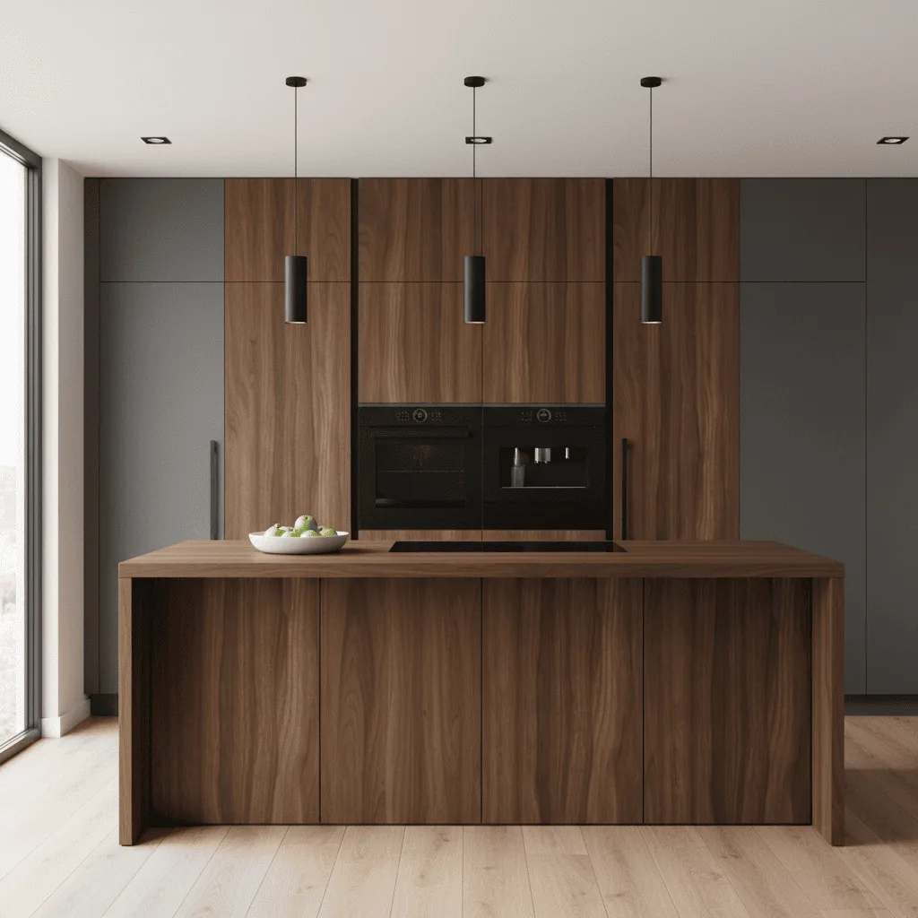Modern kitchen with walnut wood cabinets, a large island, and three black pendant lights.