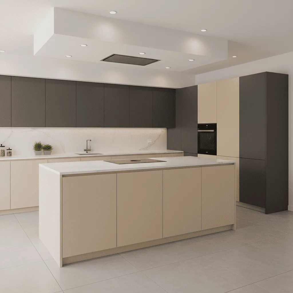 Modern kitchen with beige island, dark gray upper cabinets, and white marble countertops.